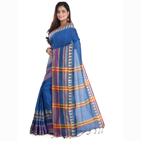 Blue Khadi Cotton Handloom Saree With Temple Border