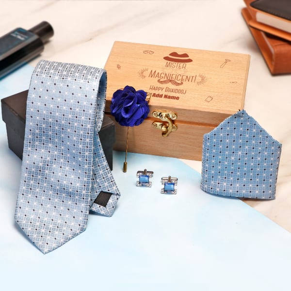 Blue Necktie Set in Personalized Gift Box for Bhai Dooj