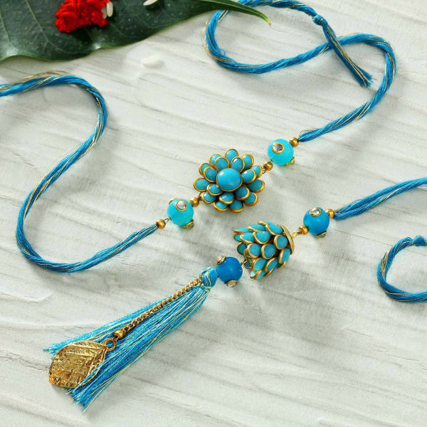 Blue Pachhi Work Bhaiya Bhabhi Rakhi with Kadi Kundan Blue Pearls