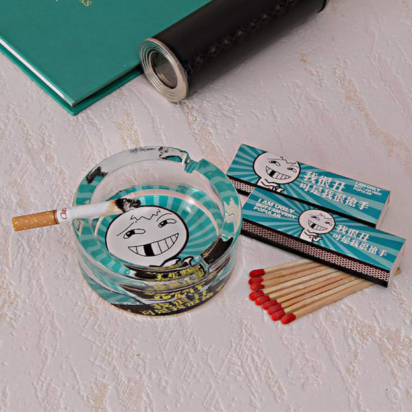 Blue Printed Glass Ashtray & Matchbox Set Gift/Send Home and Living