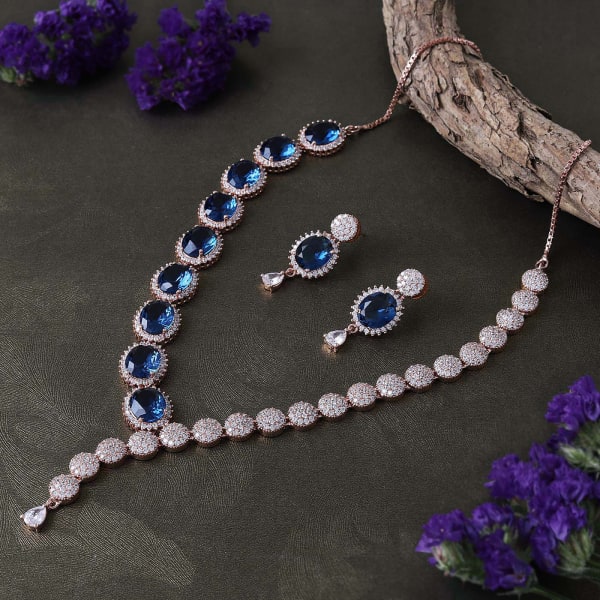 Blue Sapphire & White CZ Stone Necklace Set