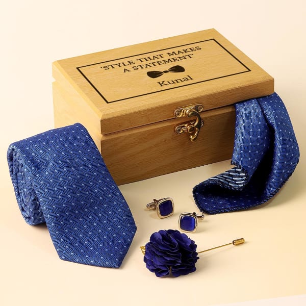 Blue Squares Necktie Set in Personalized Gift Box