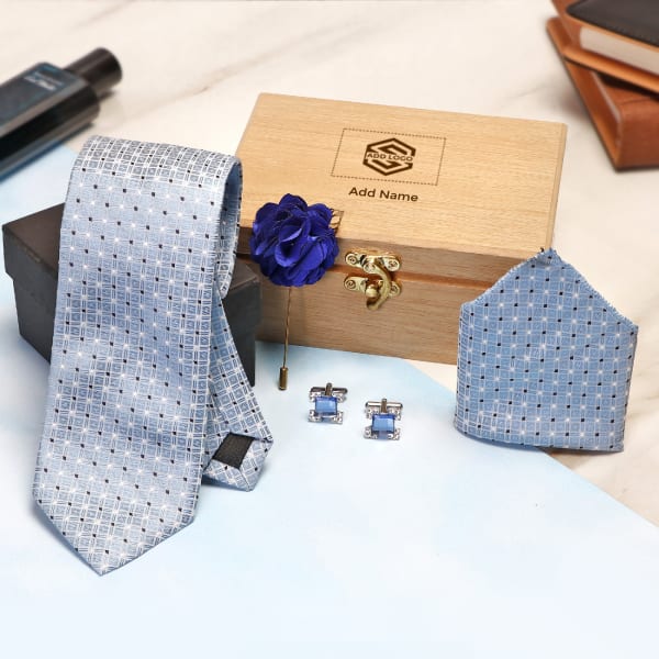 Blue Tie With Pocket Square & Cufflinks - Customized with Logo & Name
