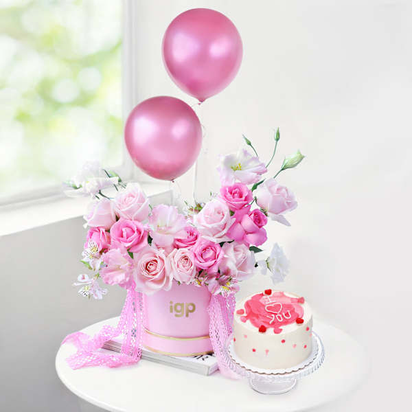 Blushing Pink Balloons Roses And Cupids Delight Mini Cream Cake Combo