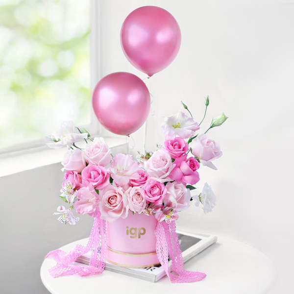 Blushing Pink Roses And Balloons