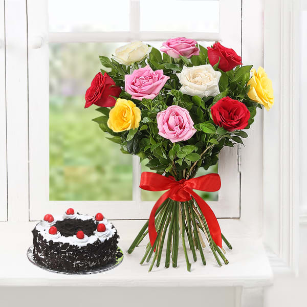 Bouquet of 10 Mix Roses with Black Forest Cake (Half Kg)