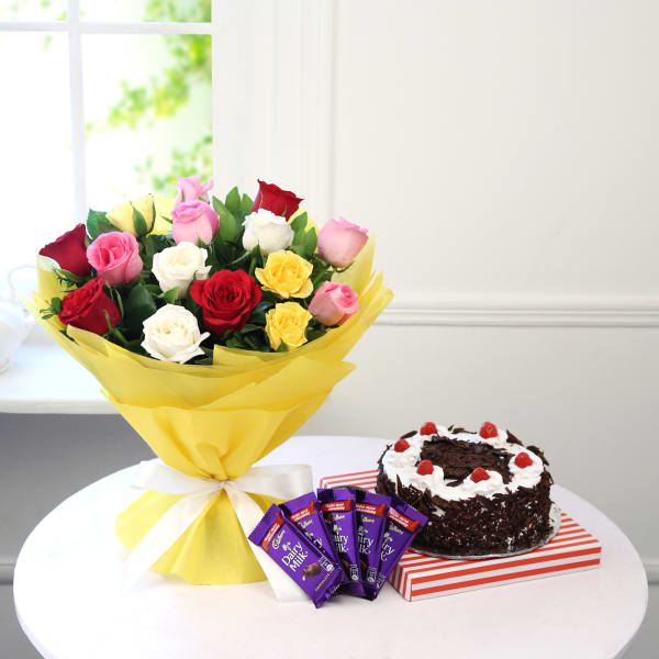Bouquet of 15 Mix Roses with Black Forest Cake & Chocolate Bars