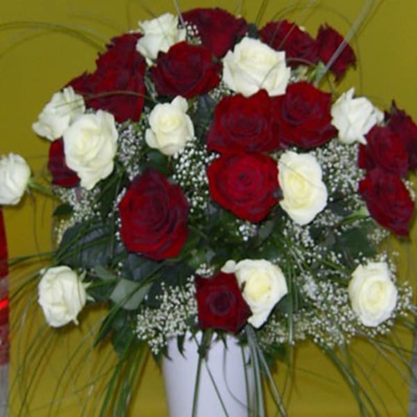 Bouquet of 24 Long Stemmed White and Red Roses