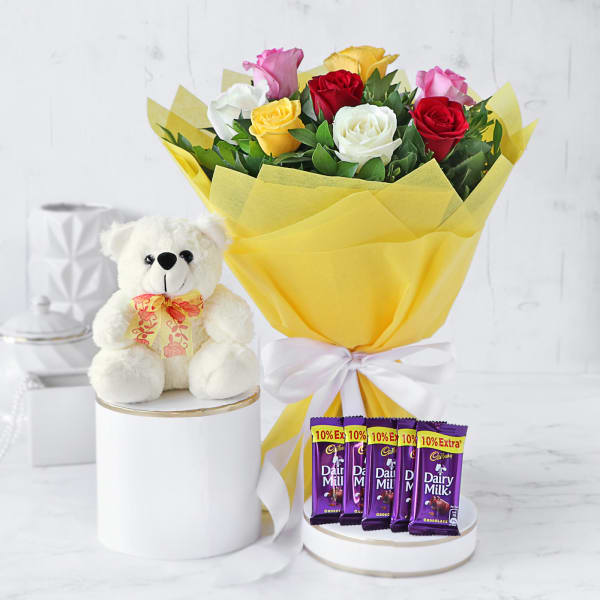 Bouquet of Assorted Roses with Chocolates & Teddy Bear