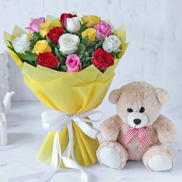 Bouquet of Assorted Roses with Teddy Bear