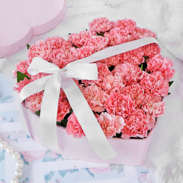 Bouquet of Pink Carnations in Heart-shaped Box