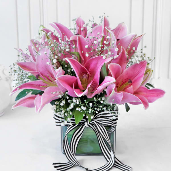 Bouquet of Pink Lilies in Square Vase (6 Stems)
