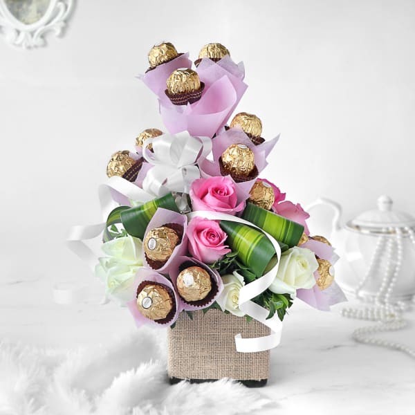Bouquet Of Playful Pink Roses With  Hazelnut Truffles