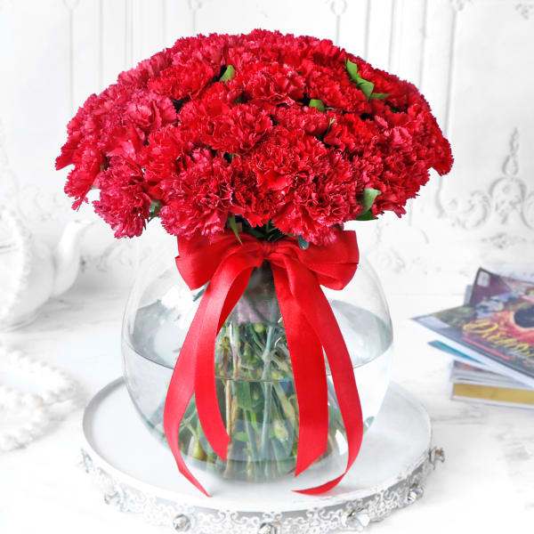 Bouquet of Red Carnations in Globe Vase (40 Stems)