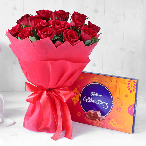 Bouquet Of Red Romance With Assorted Chocolates Box
