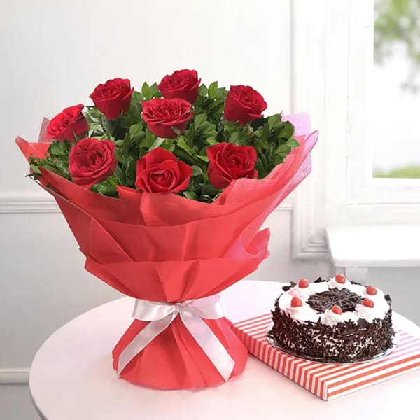 Bouquet of Red Roses with Black Forest Cake