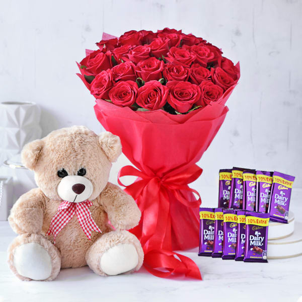 Bouquet of Red Roses with Chocolates & Teddy Bear