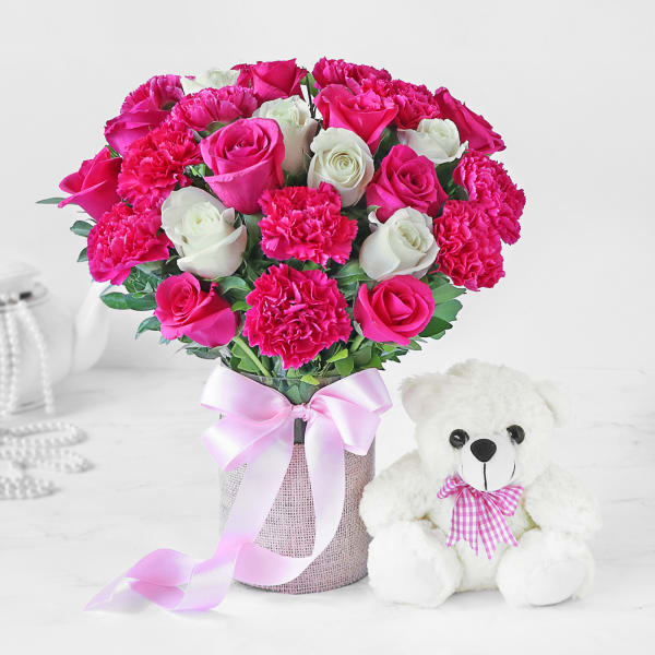 Bouquet of Rose and Carnations with Teddy Bear