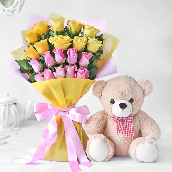 Bouquet of Yellow and Pink Roses with Teddy Bear