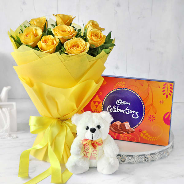 Bouquet of Yellow Roses with Cadbury Celebrations & Teddy