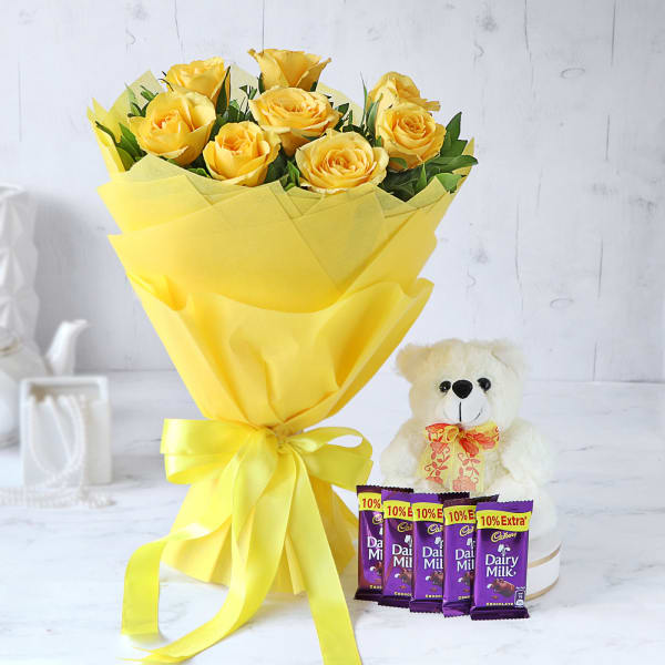 Bouquet of Yellow Roses with Cadbury Chocolates & Teddy