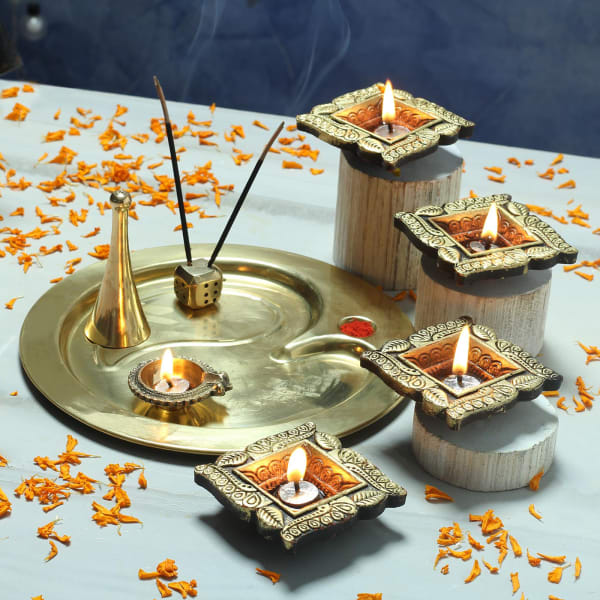 Brass Puja Thali with Clay Diya Set