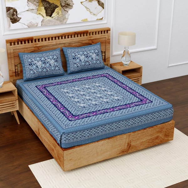 Bright Blue Print Cotton Double Bedsheet