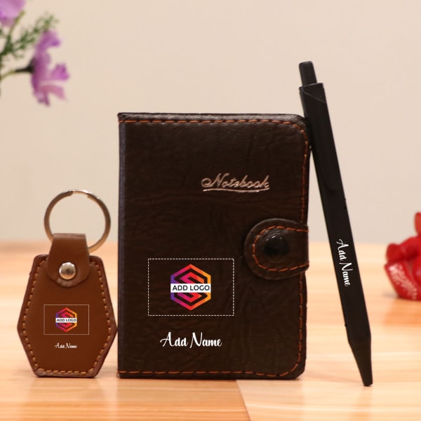 Brown 3-in-1 Diary Pen & Key Chain Gift Set - Customized with Logo & Name