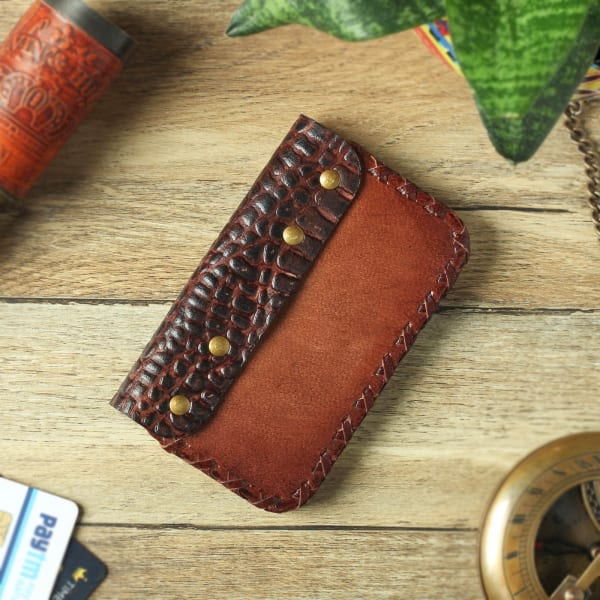 Brown Croc Embossed Leather Card Holder