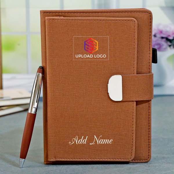 Brown DIary And Pen Set - Customized With Logo And Name