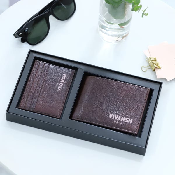 Brown Leather Wallet And Card Holder Set - Personalized-sobha