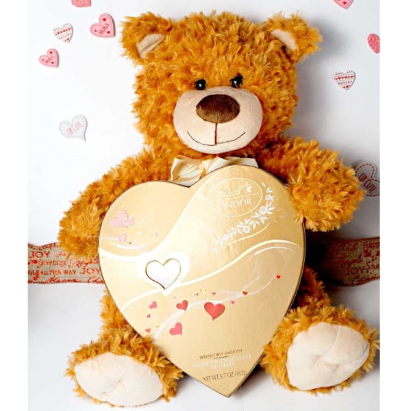 Brown Teddy with Lindt Lindor Assorted Truffles in Heart Shaped Box