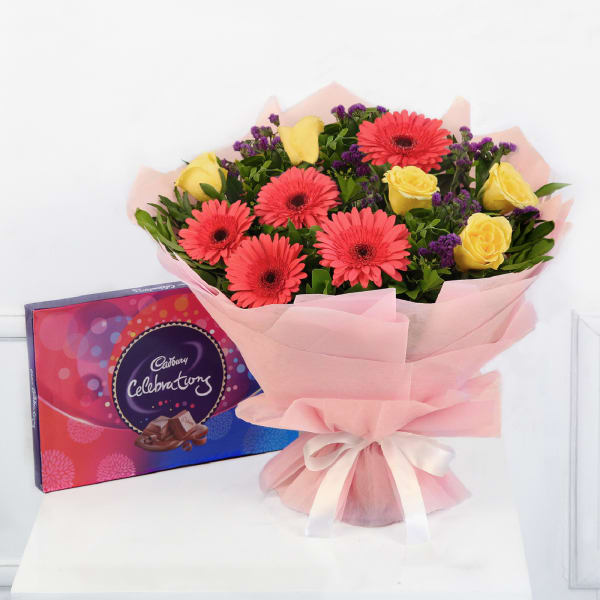 Bunch Of 10 Mix Flowers With Cadbury Celebrations