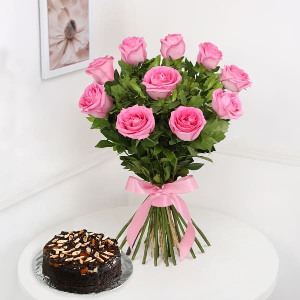 Bunch of 10 Pink Roses with Whole Wheat Zucchini Chocolate Cake (Half Kg)