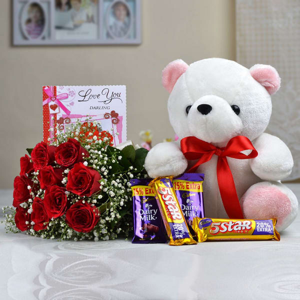 Bunch of 10 Red Roses with Teddy & Assorted Chocolates