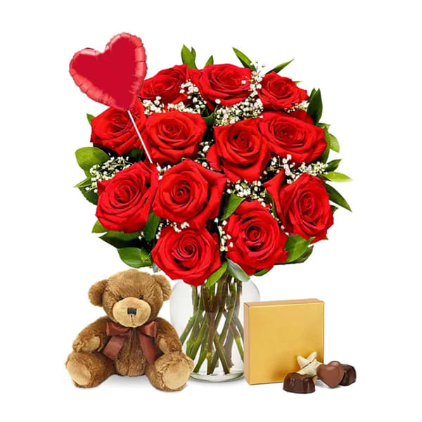 Bunch of 12 Roses with Godiva Chocolates & Teddy Bear