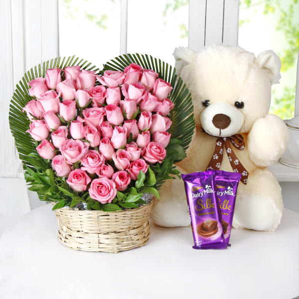 Bunch of 35 Roses in Heart Shape with Teddy and Chocolates
