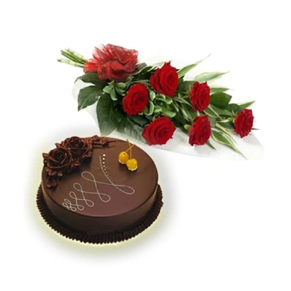 Bunch of 6 Red Roses with Half Kg Chocolate Cake