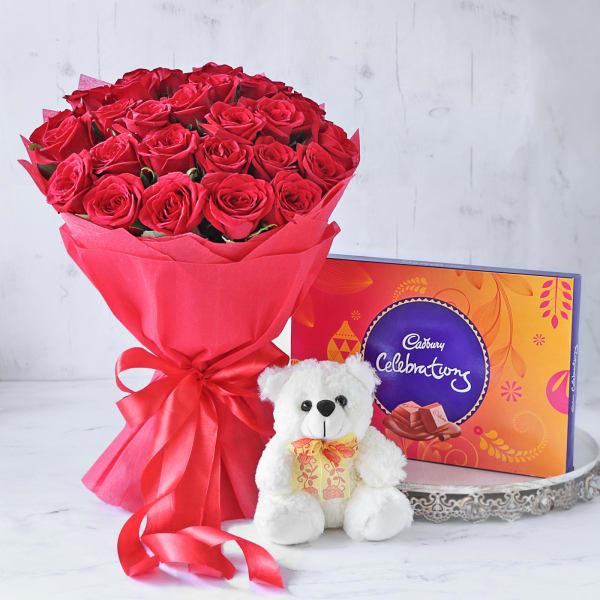 Bunch Of Romantic Reds With Assorted Chocolates Box And Teddy