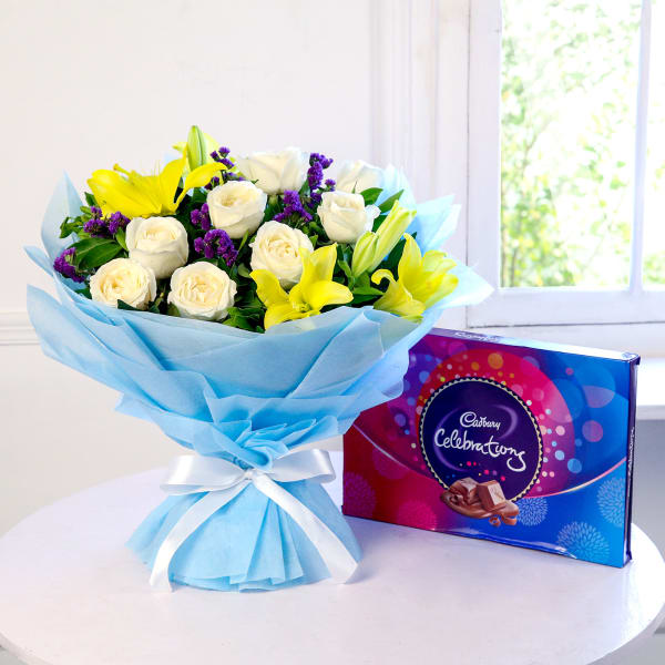 Bunch of Roses & Lilies with Cadbury Celebrations