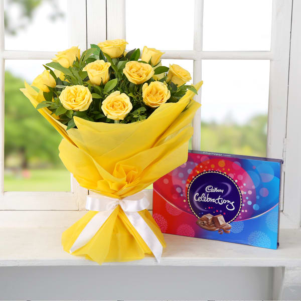 Bunch Of Sunny Yellow Roses With Assorted Chocolates Box