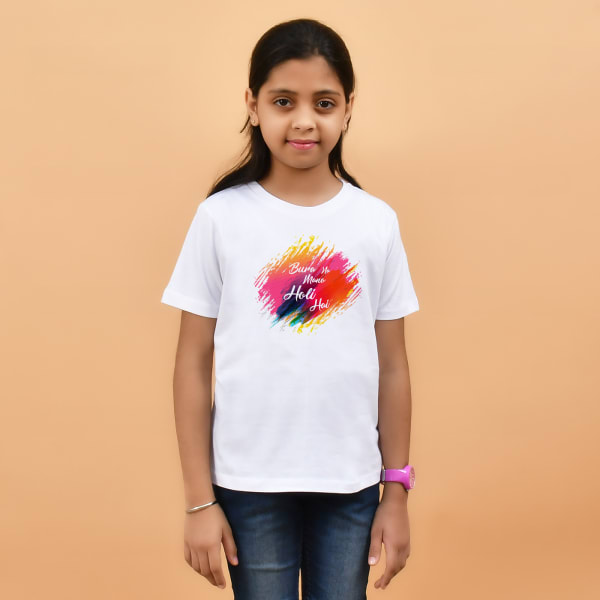 Bura Na Mano Holi Hai Cotton T-Shirt For Girls - White