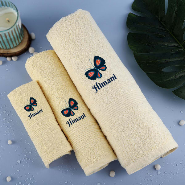 Butterfly Personalized Cotton Embroidered Towels (Set of 3)