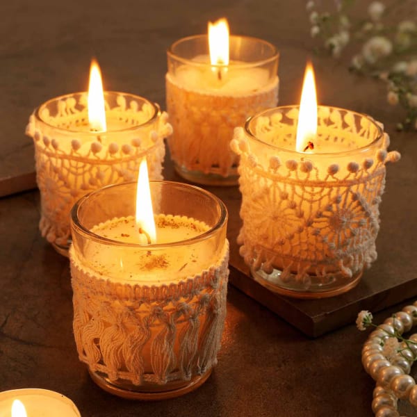 Candles In Decorative Lace Glass (Set of 4)