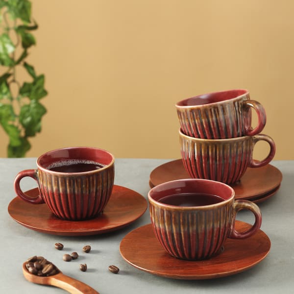 Ceramic & Wood Ribbed Design Cups & Saucers (Set of 6)