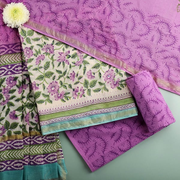 Chanderi Block Print Suit Set - Lilac
