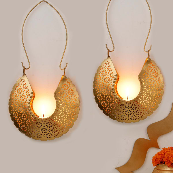 Chandrakala Design Hanging Tea Light Holder With Candle - Set Of 2