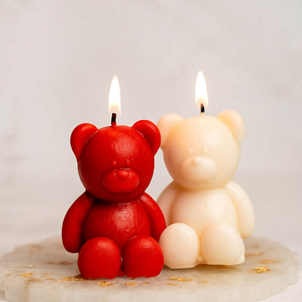 Charming Red And White Teddy Bear Candles - Set Of 2