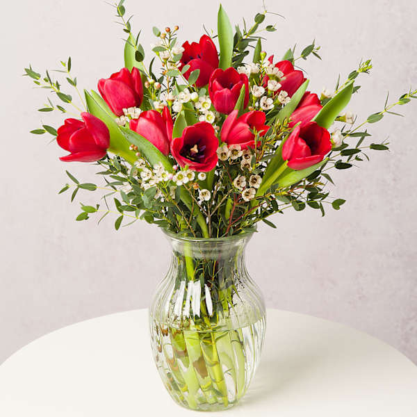 Charming Red Tulips And Wax Flower Christmas Arrangement