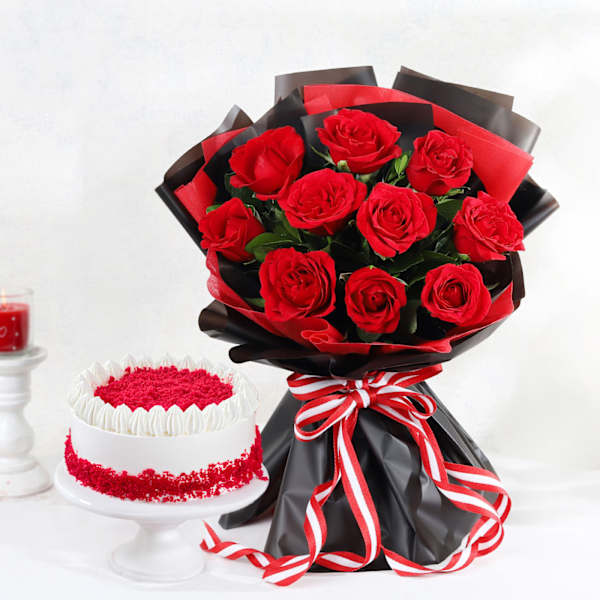 Cheerful Red Roses Bouquet And Cake Combo